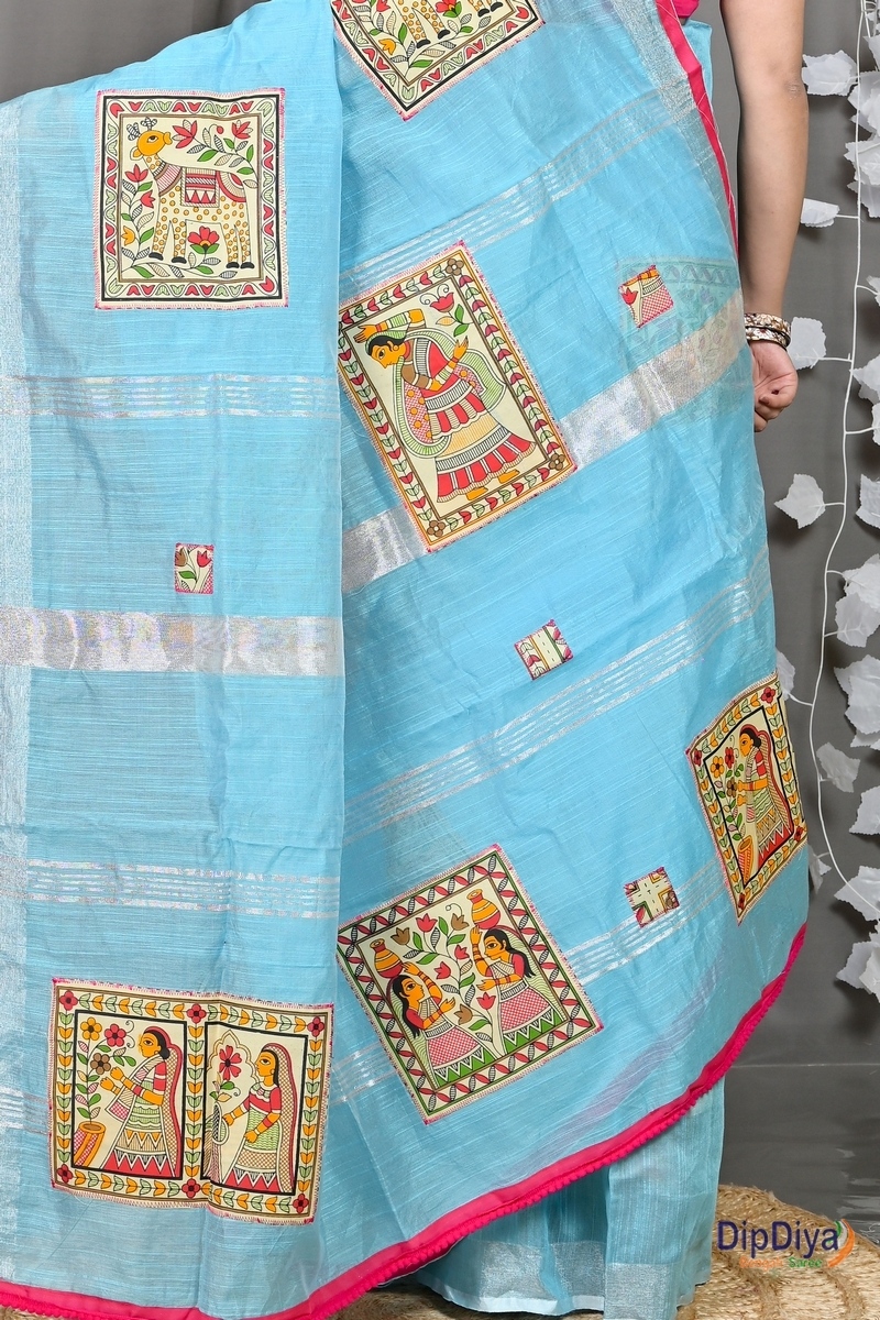 Sky Blue Cotton Blended Parija Applique Saree (326)